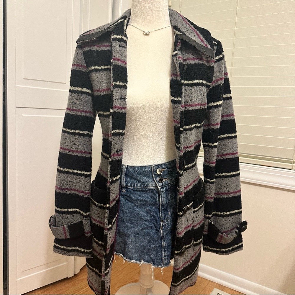 Jack by BB Dakota Striped Teddy Jacket in Black, Gray, and Purple